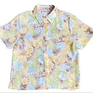 Pendleton Floral Hawaiian Short Sleeve Shirt. Light blue, green, yellow, 10